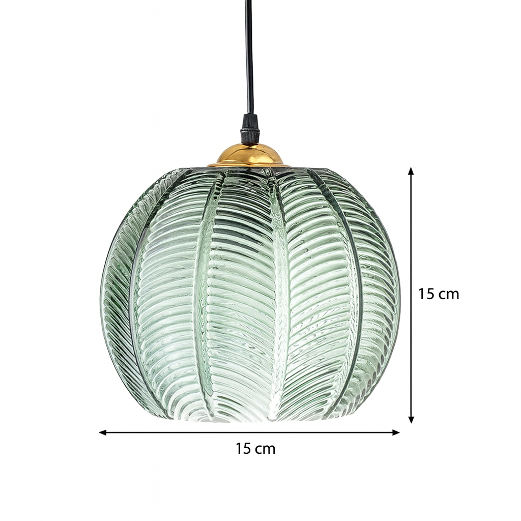 Green Ribbed Glass Pendant Light with Gold Accent