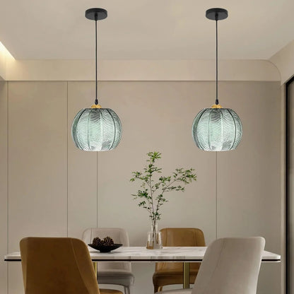Green Ribbed Glass Pendant Light with Gold Accent