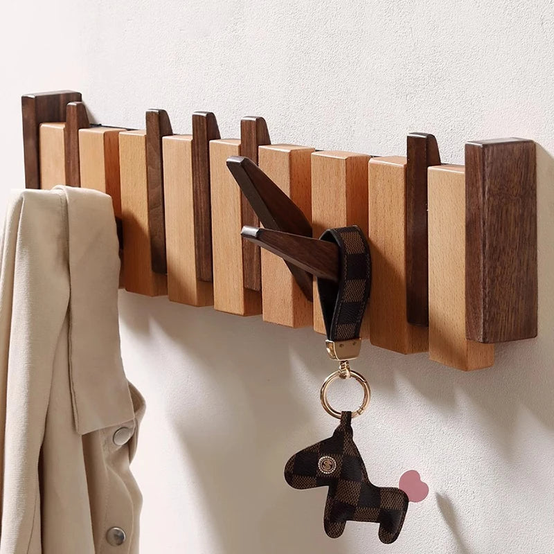 Handmade Piano-Style Wooden Coat Rack with Foldable Hooks for Wall Mounting