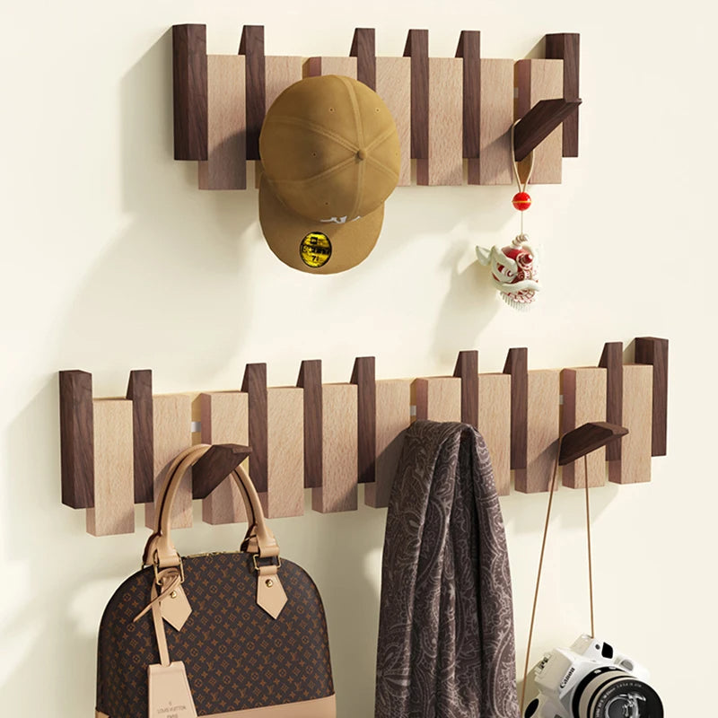 Handmade Piano-Style Wooden Coat Rack with Foldable Hooks for Wall Mounting