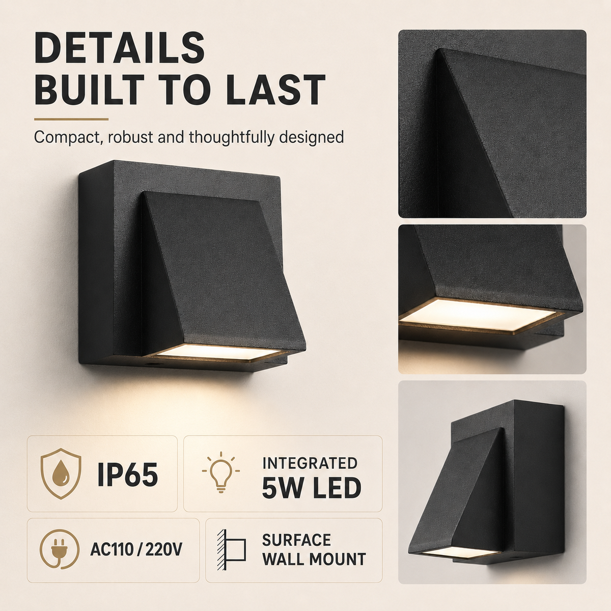 IP65 Outdoor Wall Sconce with Integrated 5W LED