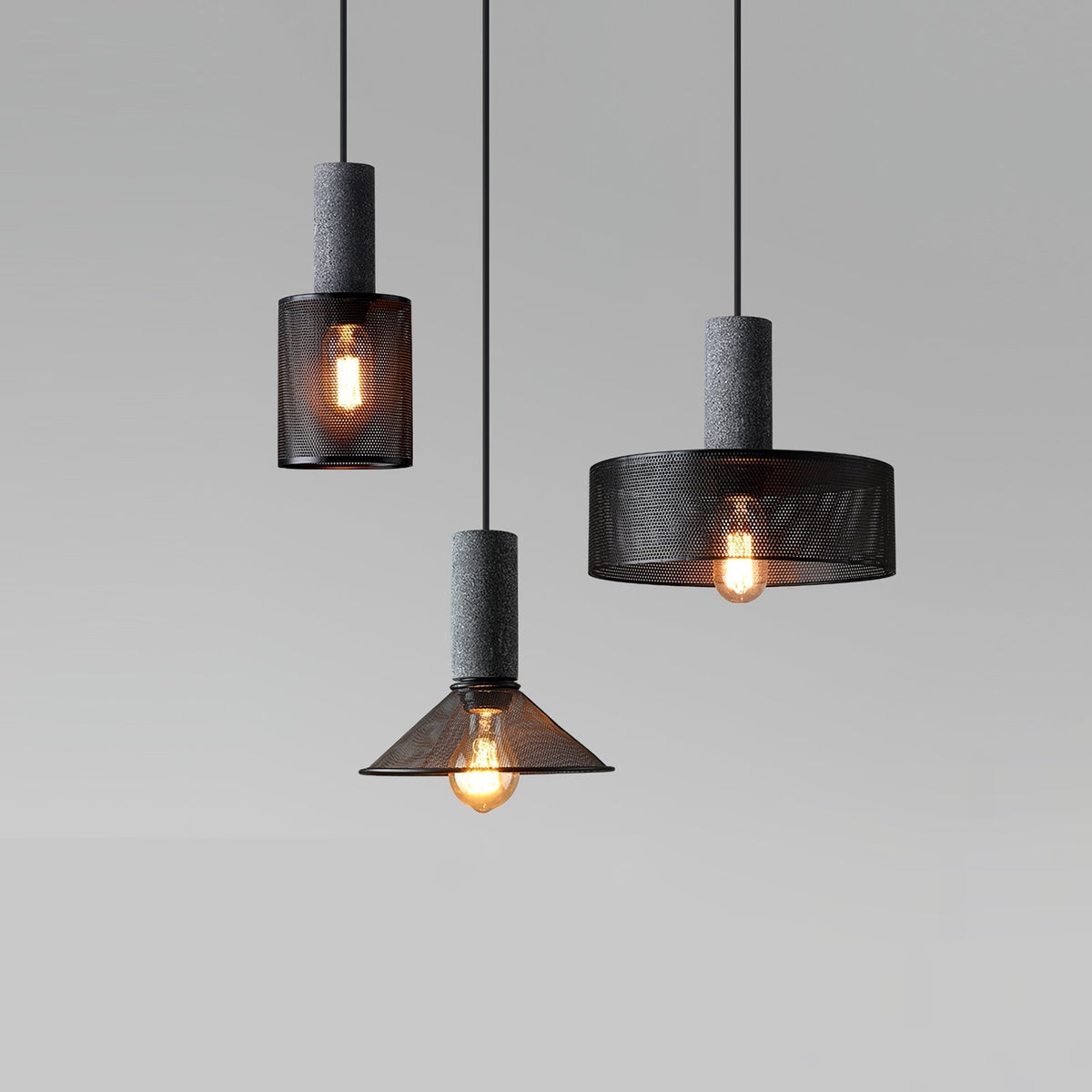 Industrial Concrete Pendant Light with Metal Mesh Shade