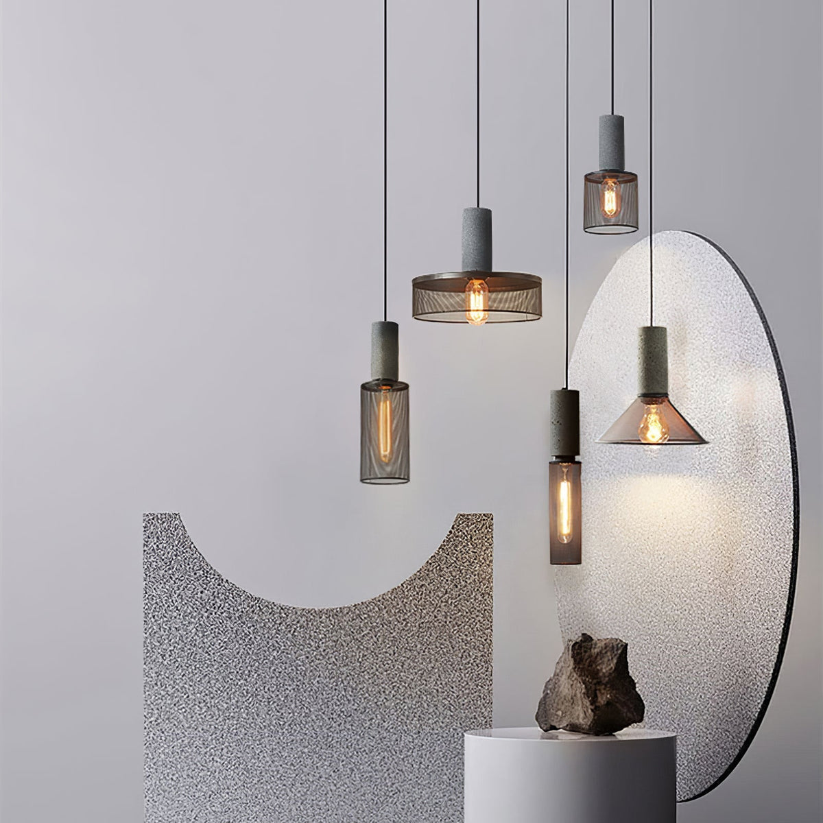 Industrial Concrete Pendant Light with Metal Mesh Shade