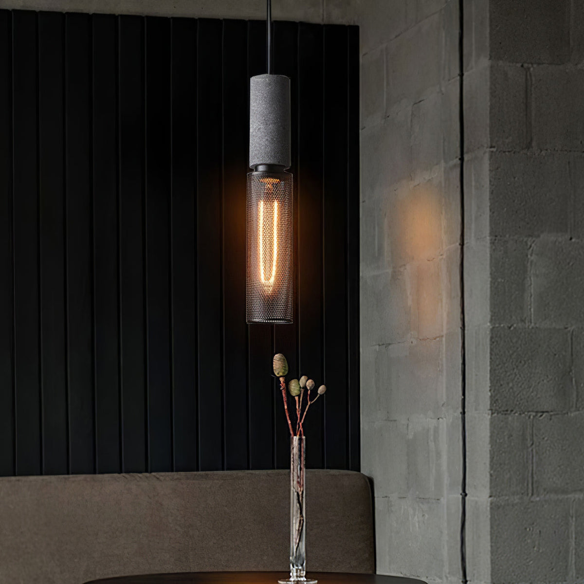 Industrial Concrete Pendant Light with Metal Mesh Shade