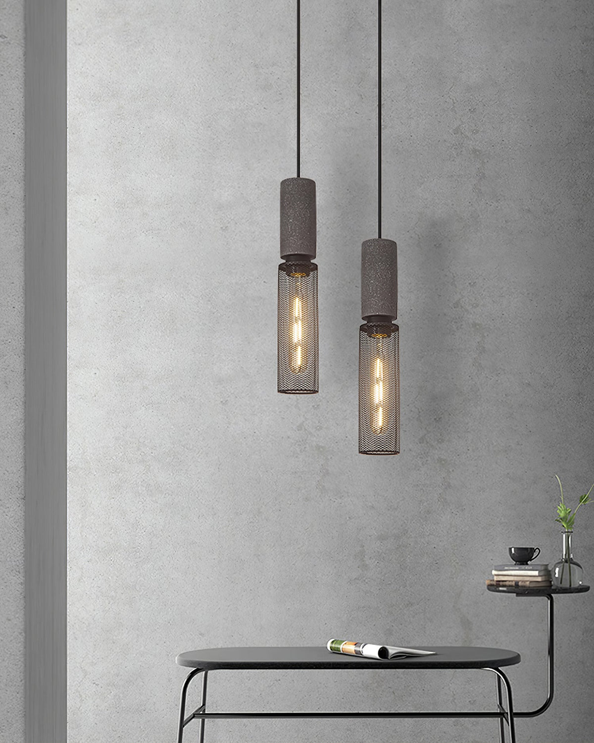 Industrial Concrete Pendant Light with Metal Mesh Shade