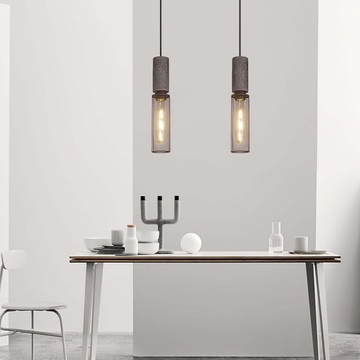 Industrial Concrete Pendant Light with Metal Mesh Shade