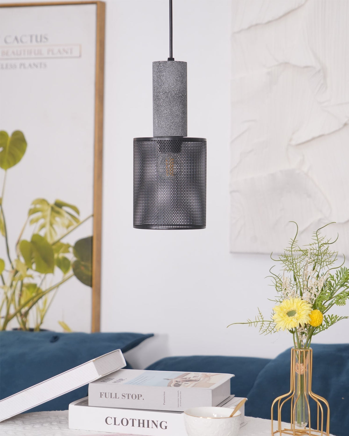 Industrial Concrete Pendant Light with Metal Mesh Shade