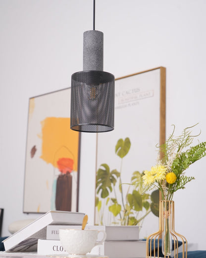 Industrial Concrete Pendant Light with Metal Mesh Shade