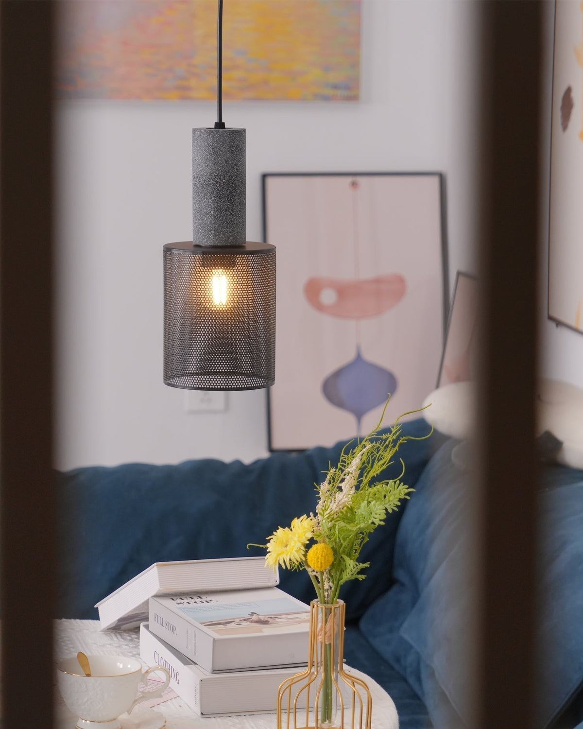Industrial Concrete Pendant Light with Metal Mesh Shade