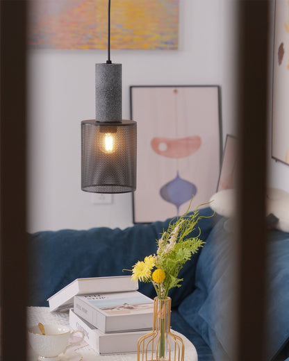 Industrial Concrete Pendant Light with Metal Mesh Shade