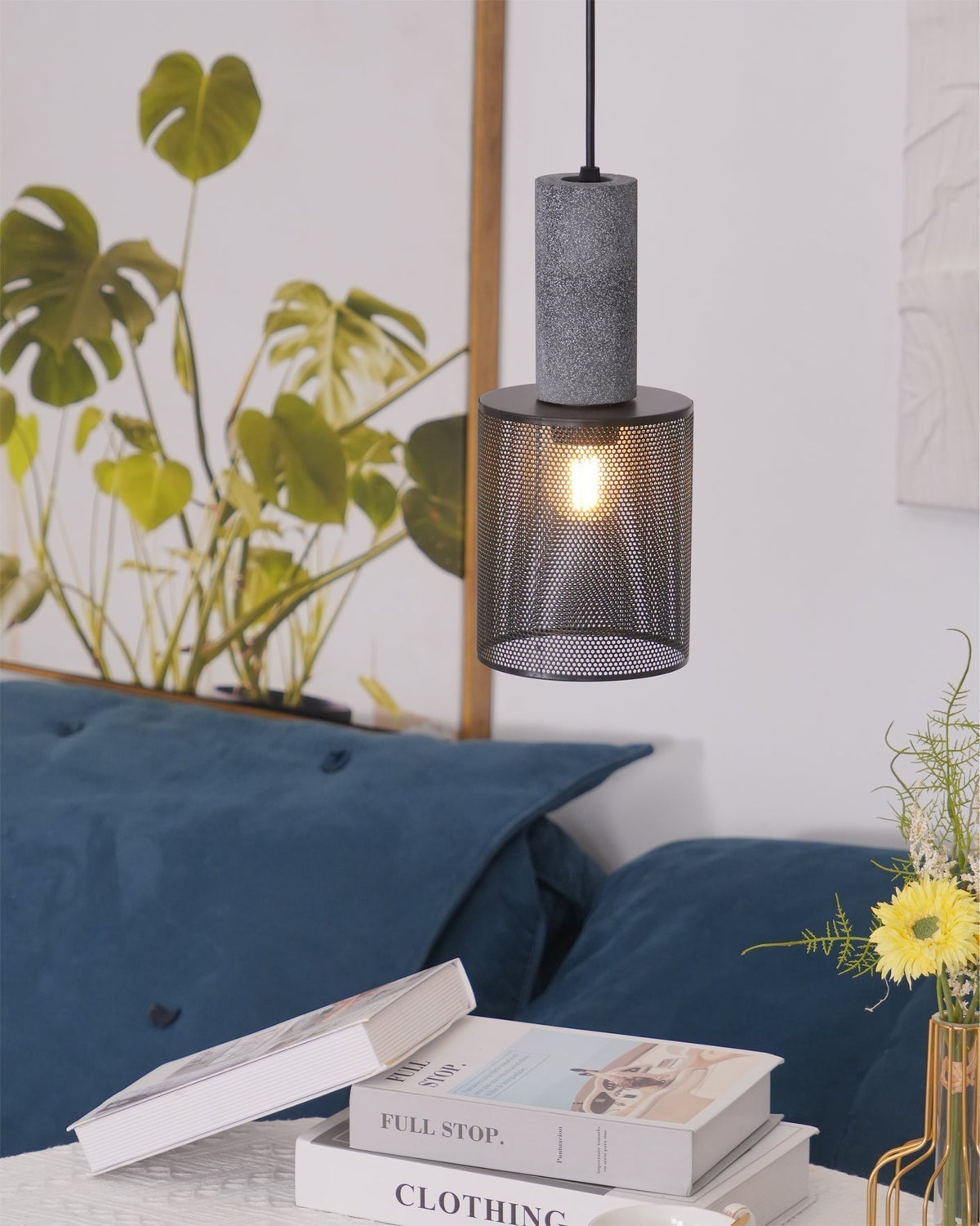 Industrial Concrete Pendant Light with Metal Mesh Shade