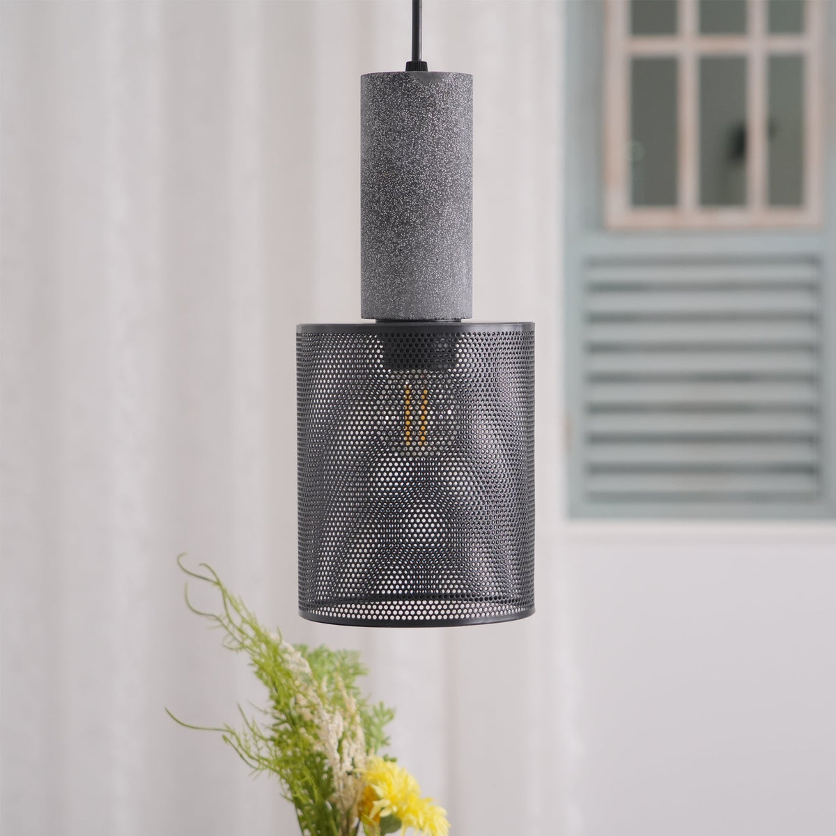 Industrial Concrete Pendant Light with Metal Mesh Shade
