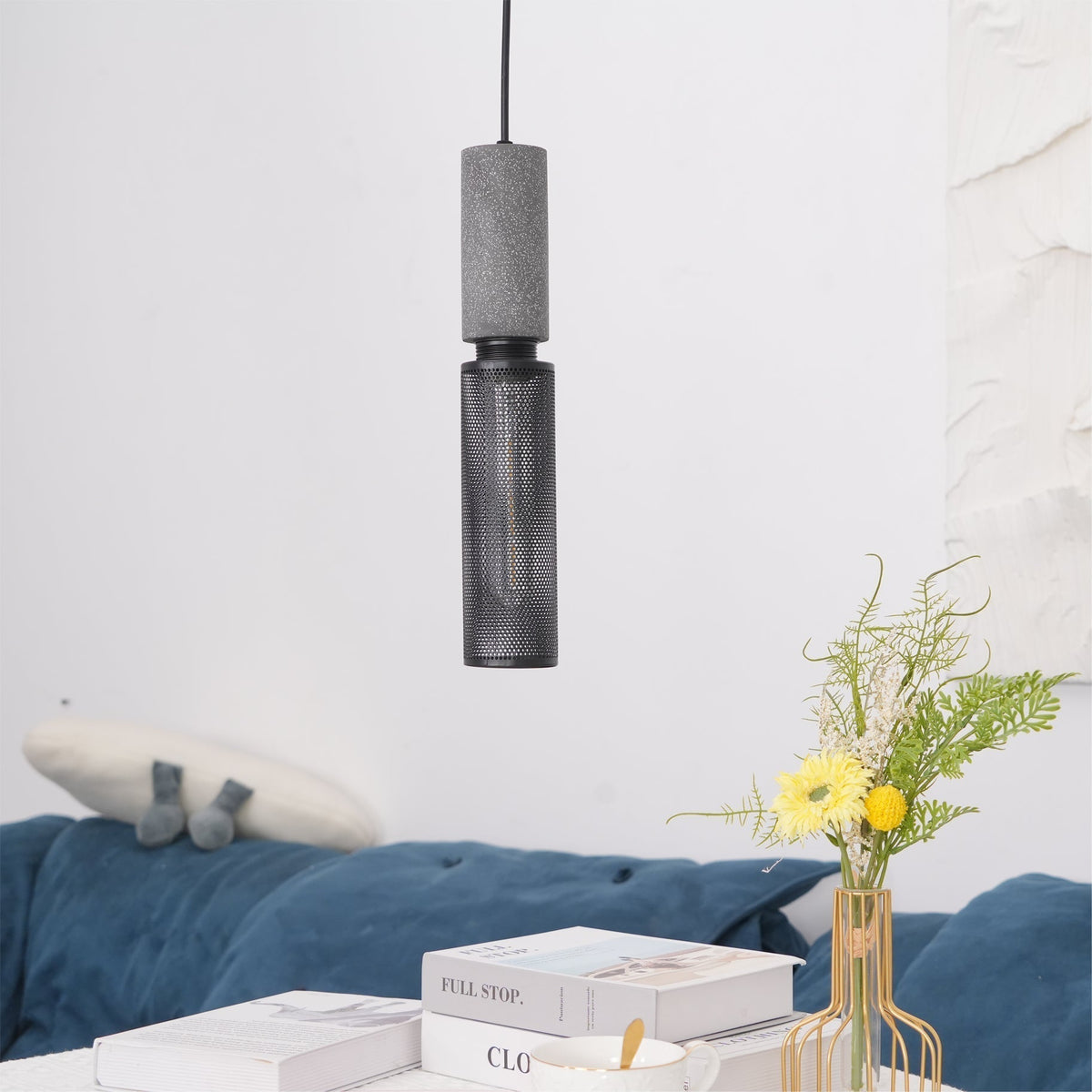 Industrial Concrete Pendant Light with Metal Mesh Shade