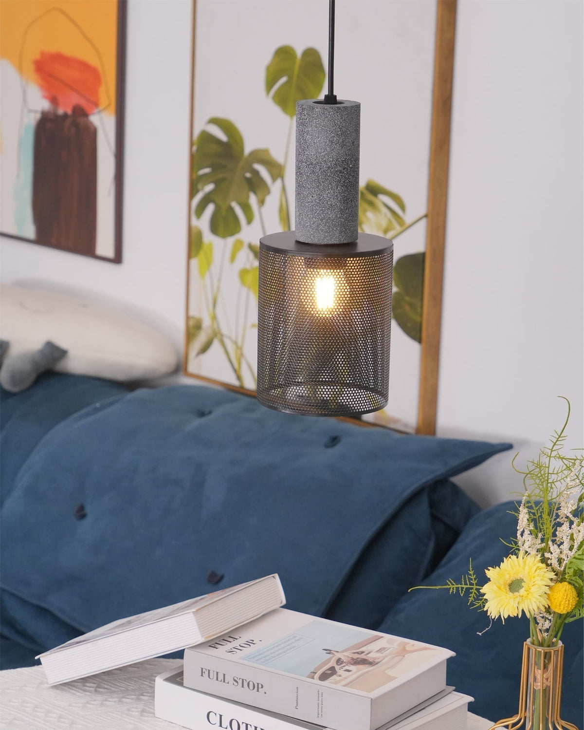 Industrial Concrete Pendant Light with Metal Mesh Shade