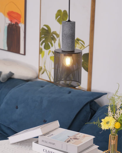 Industrial Concrete Pendant Light with Metal Mesh Shade