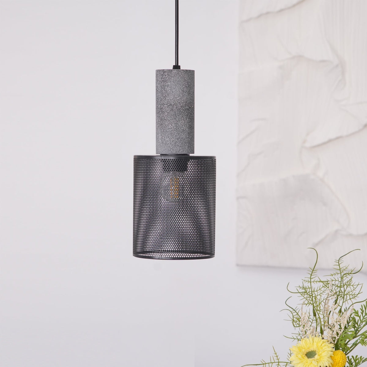 Industrial Concrete Pendant Light with Metal Mesh Shade