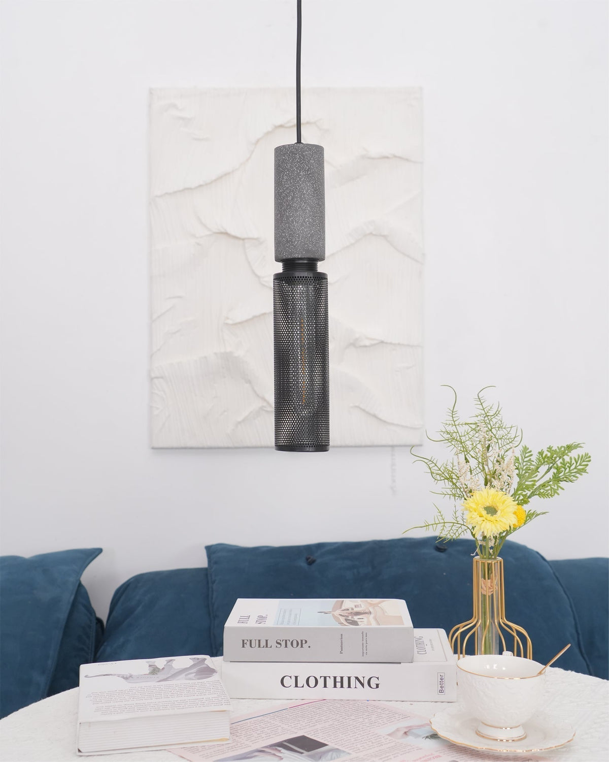 Industrial Concrete Pendant Light with Metal Mesh Shade