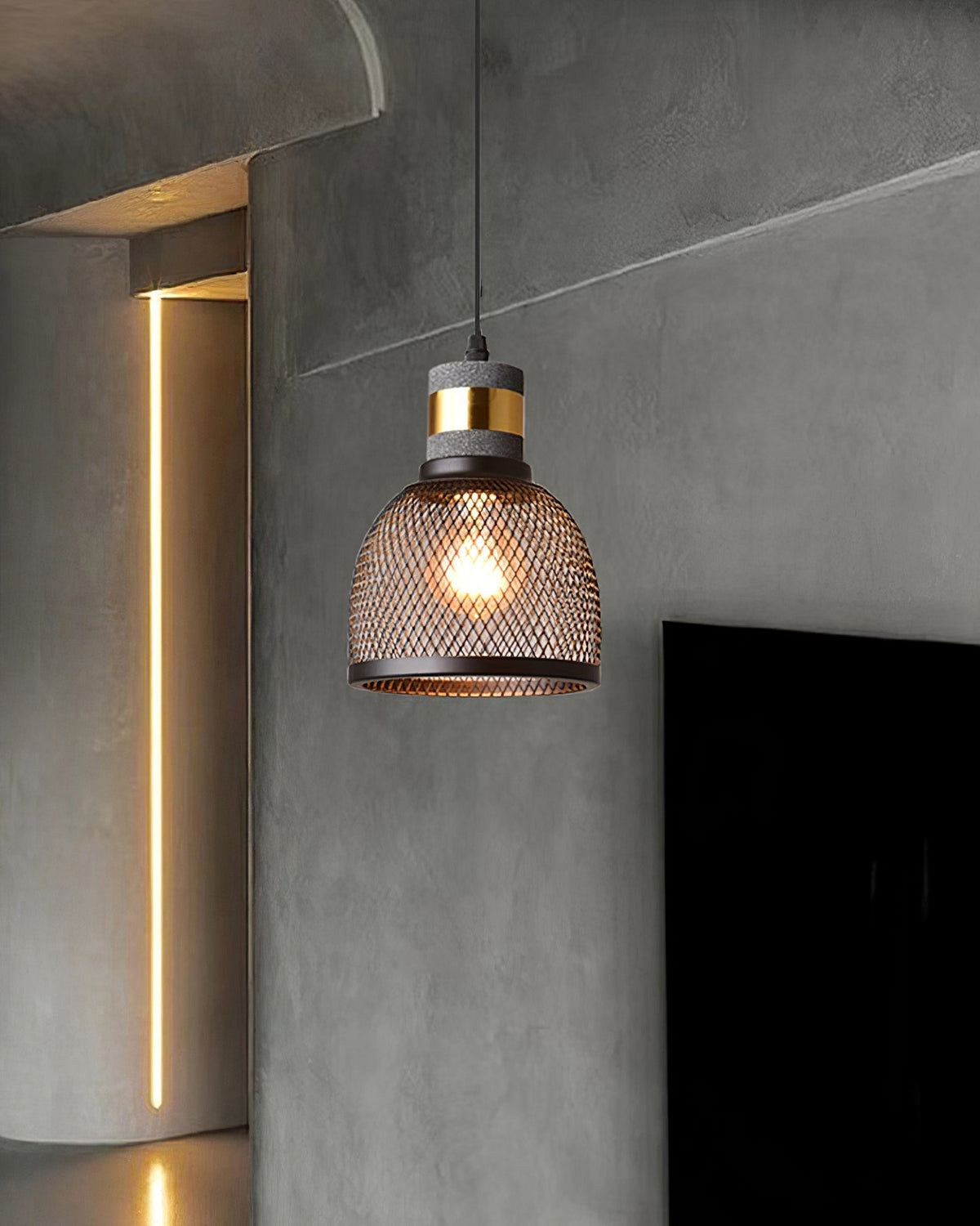 Industrial Concrete Pendant Light with Metal Mesh Shade
