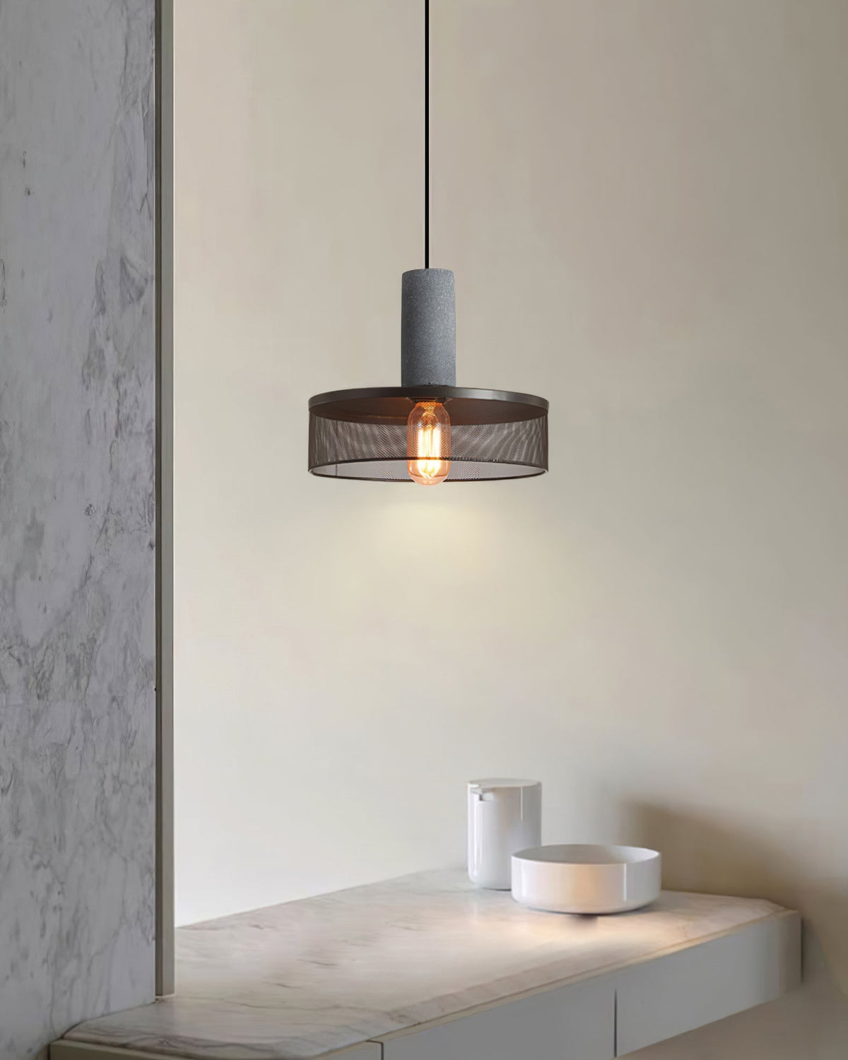 Industrial Concrete Pendant Light with Metal Mesh Shade
