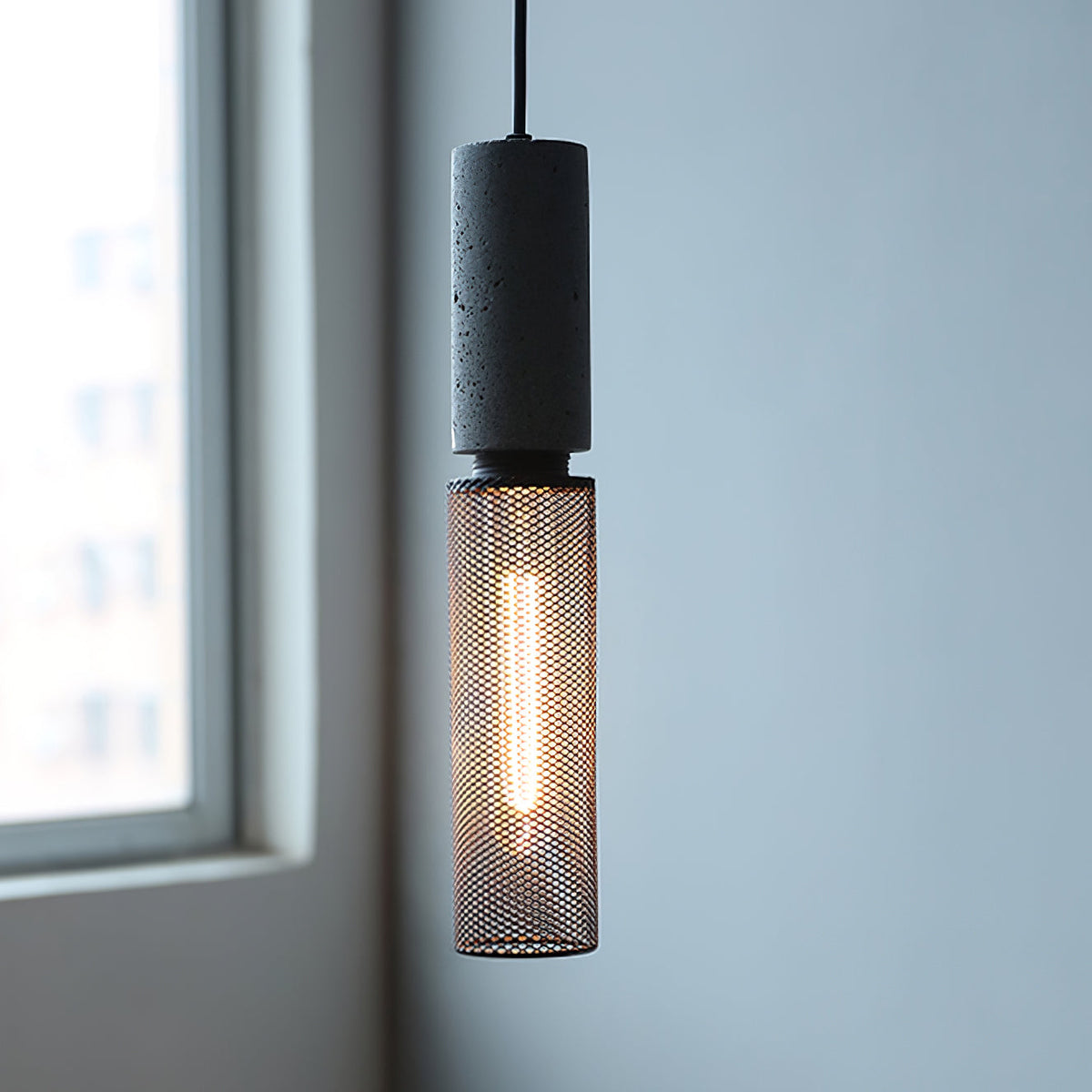 Industrial Concrete Pendant Light with Metal Mesh Shade