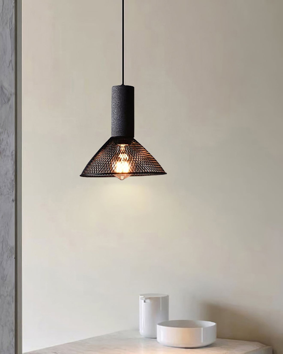 Industrial Concrete Pendant Light with Metal Mesh Shade