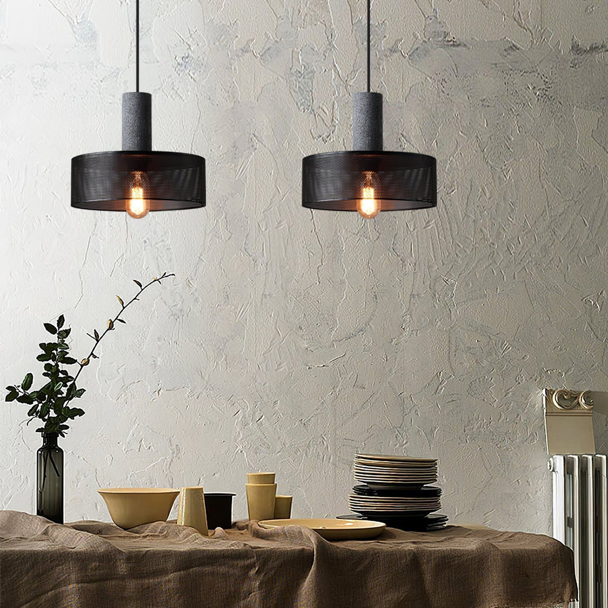 Industrial Concrete Pendant Light with Metal Mesh Shade