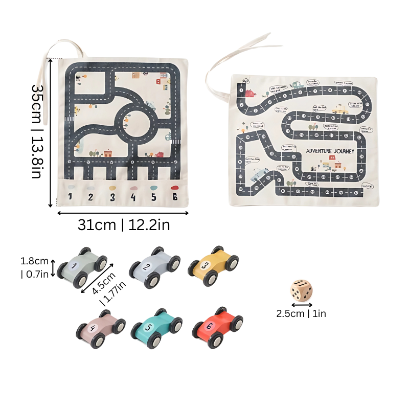 Kids' Portable Road Race Track Set with 6 Wooden Cars and Dice