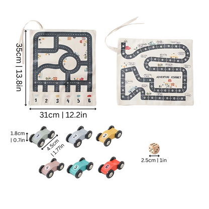 Kids' Portable Road Race Track Set with 6 Wooden Cars and Dice