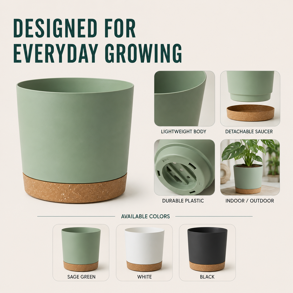 Large Lightweight Plant Pot with Drainage Holes for Indoor and Outdoor Use