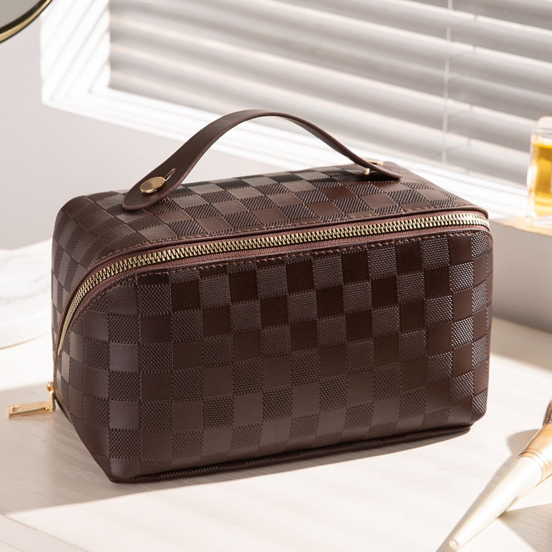 Luxury Checkered Cosmetic Bag with Multiple Compartments