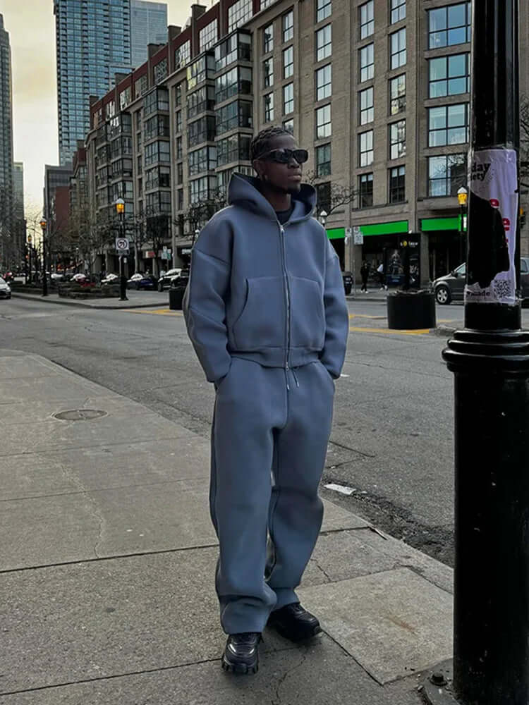 Men's Oversized Tracksuit Set with Zip Hoodie and Straight Leg Pants