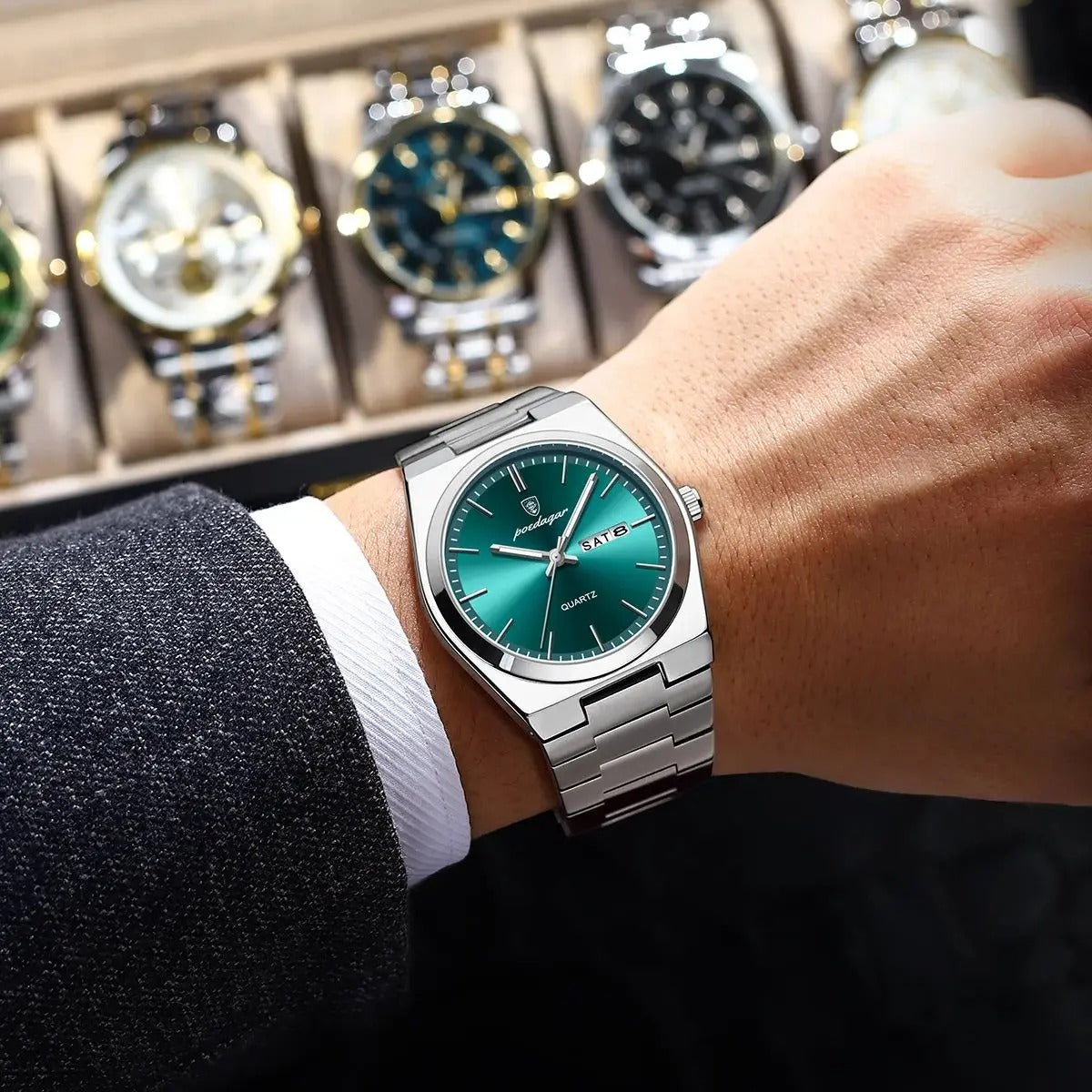 Men's Stainless Steel Quartz Watch with Luminous Hands and Round Dial