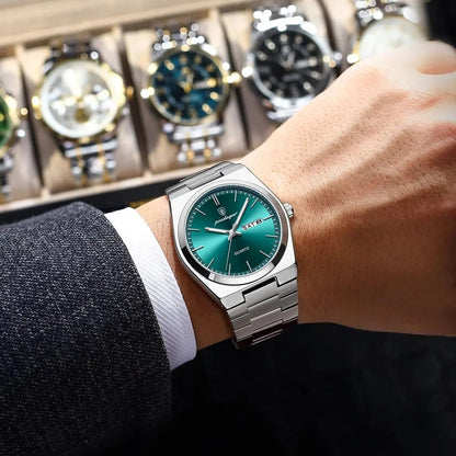 Men's Stainless Steel Quartz Watch with Luminous Hands and Round Dial