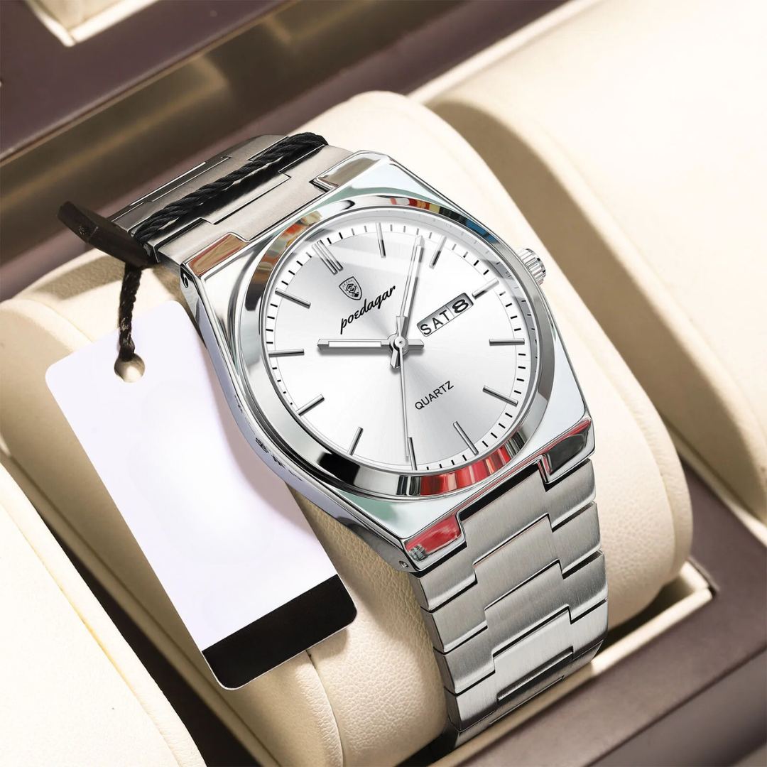 Men's Stainless Steel Quartz Watch with Luminous Hands and Round Dial