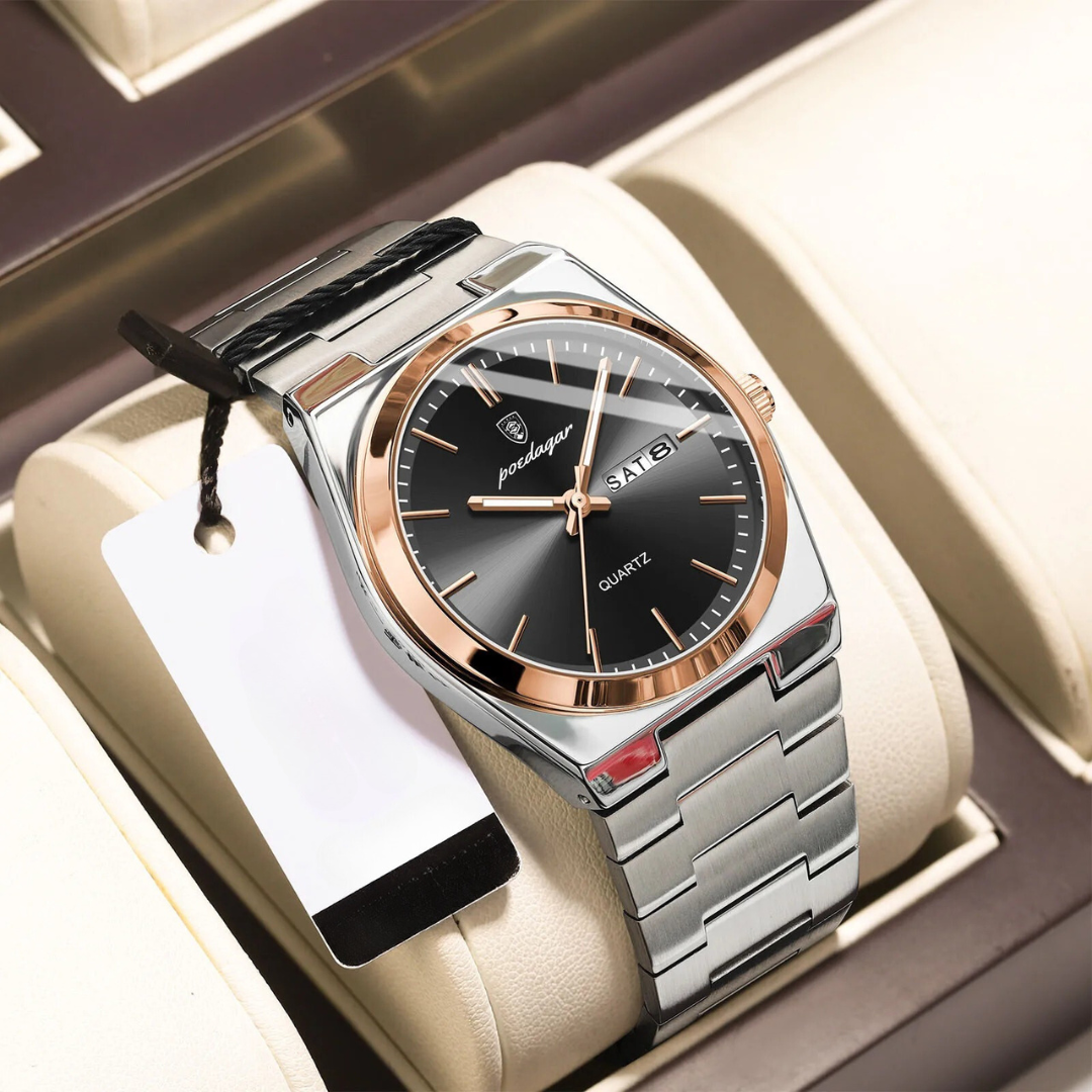 Men's Stainless Steel Quartz Watch with Luminous Hands and Round Dial