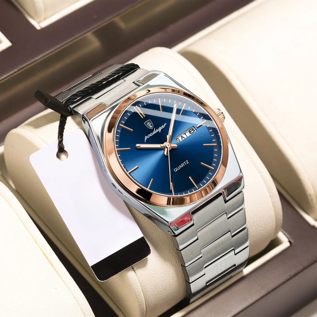 Men's Stainless Steel Quartz Watch with Luminous Hands and Round Dial