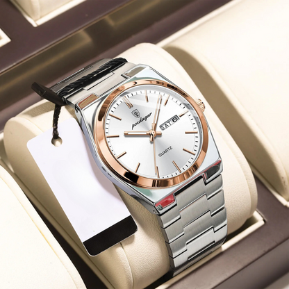 Men's Stainless Steel Quartz Watch with Luminous Hands and Round Dial