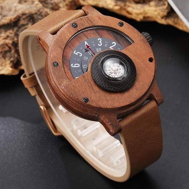 Men's Wooden Watch with Turntable Compass Dial and Quartz Movement