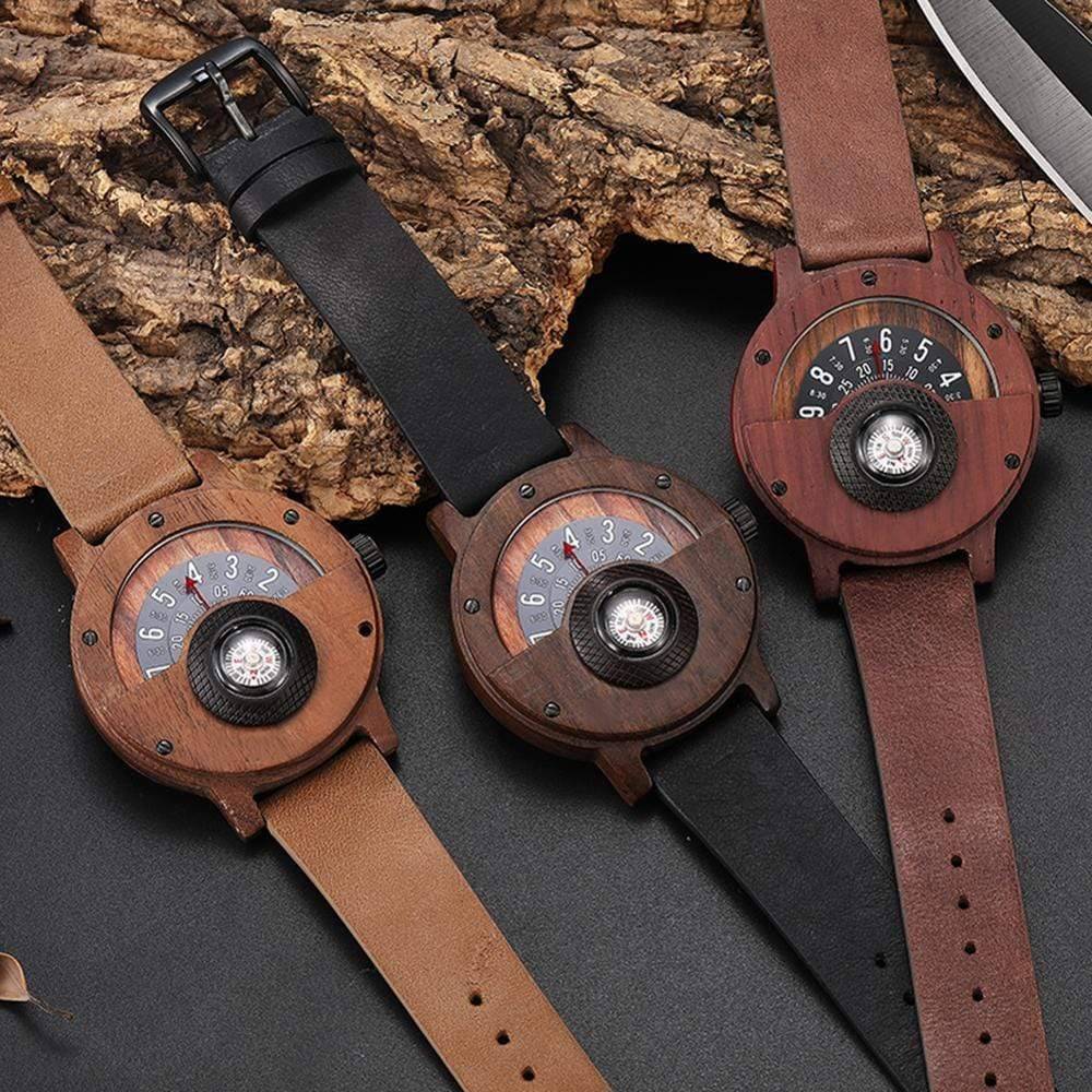 Men's Wooden Watch with Turntable Compass Dial and Quartz Movement