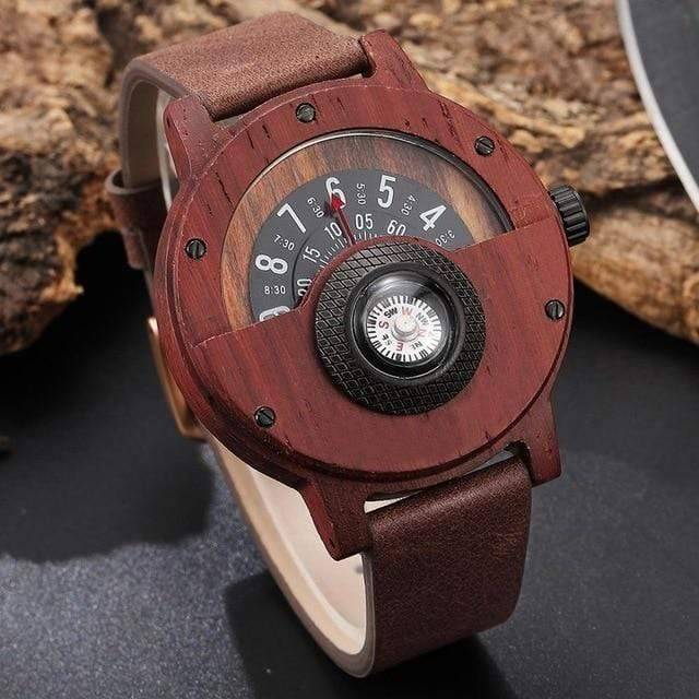 Men's Wooden Watch with Turntable Compass Dial and Quartz Movement