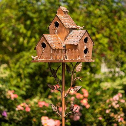 Metal Decorative Birdhouse Garden Stakes with Rustic Outdoor Design