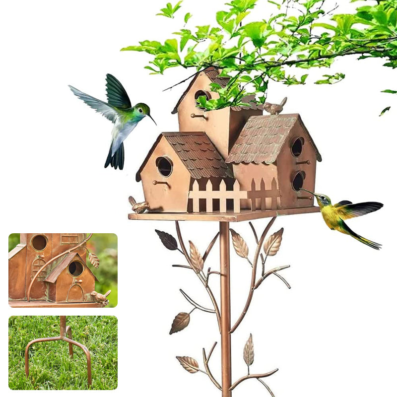Metal Decorative Birdhouse Garden Stakes with Rustic Outdoor Design