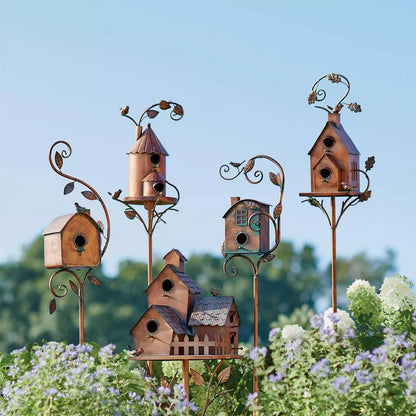 Metal Decorative Birdhouse Garden Stakes with Rustic Outdoor Design