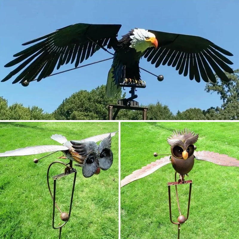 Metal Eagle and Owl Garden Decoration with Moving Wing Design