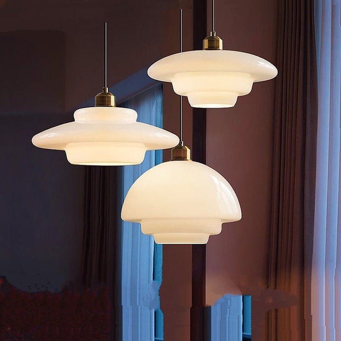 Milky White Glass Pendant Light with Brass Detail