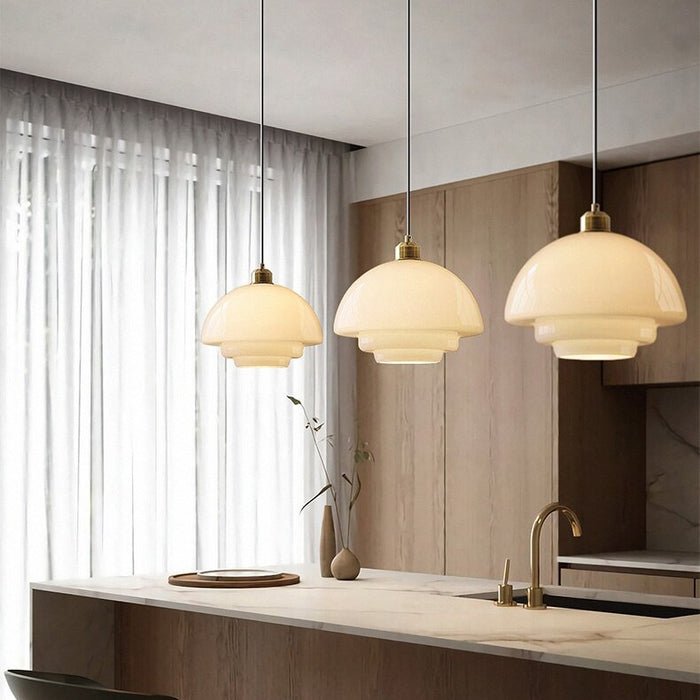 Milky White Glass Pendant Light with Brass Detail
