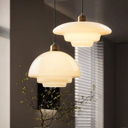 Milky White Glass Pendant Light with Brass Detail