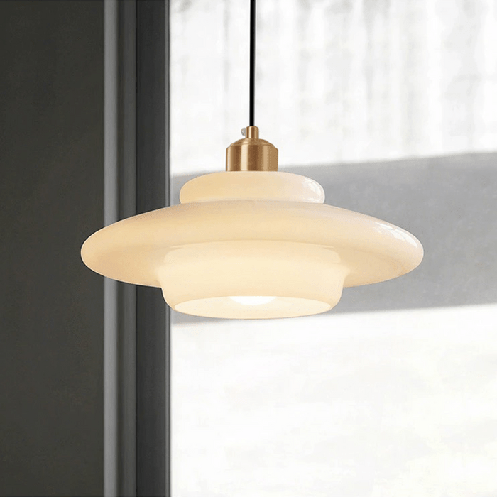 Milky White Glass Pendant Light with Brass Detail