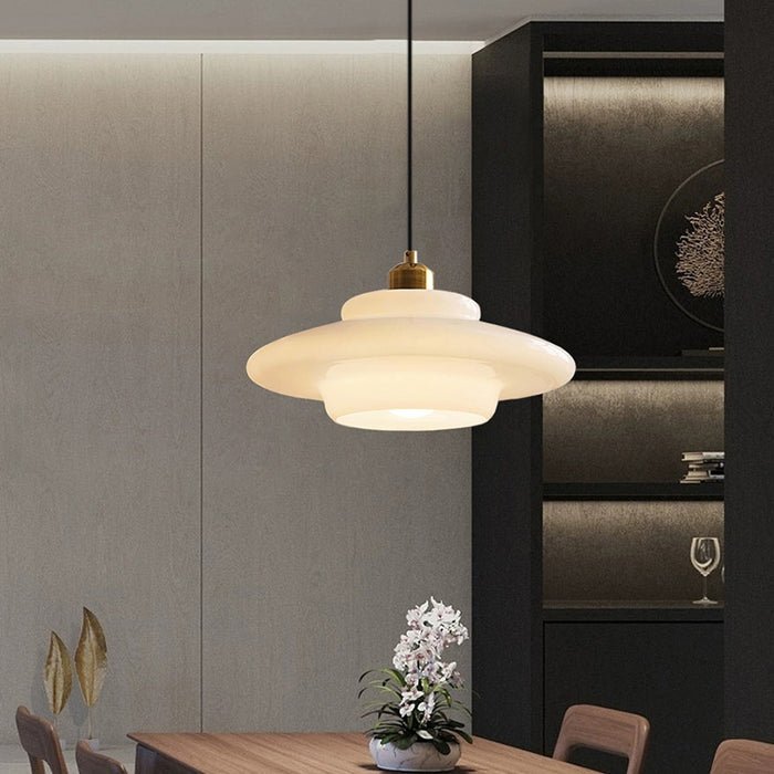 Milky White Glass Pendant Light with Brass Detail