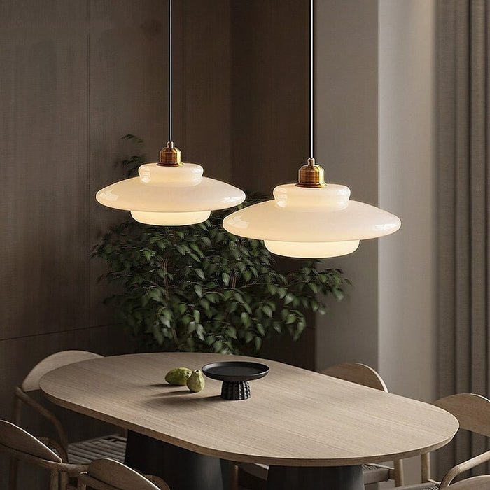 Milky White Glass Pendant Light with Brass Detail